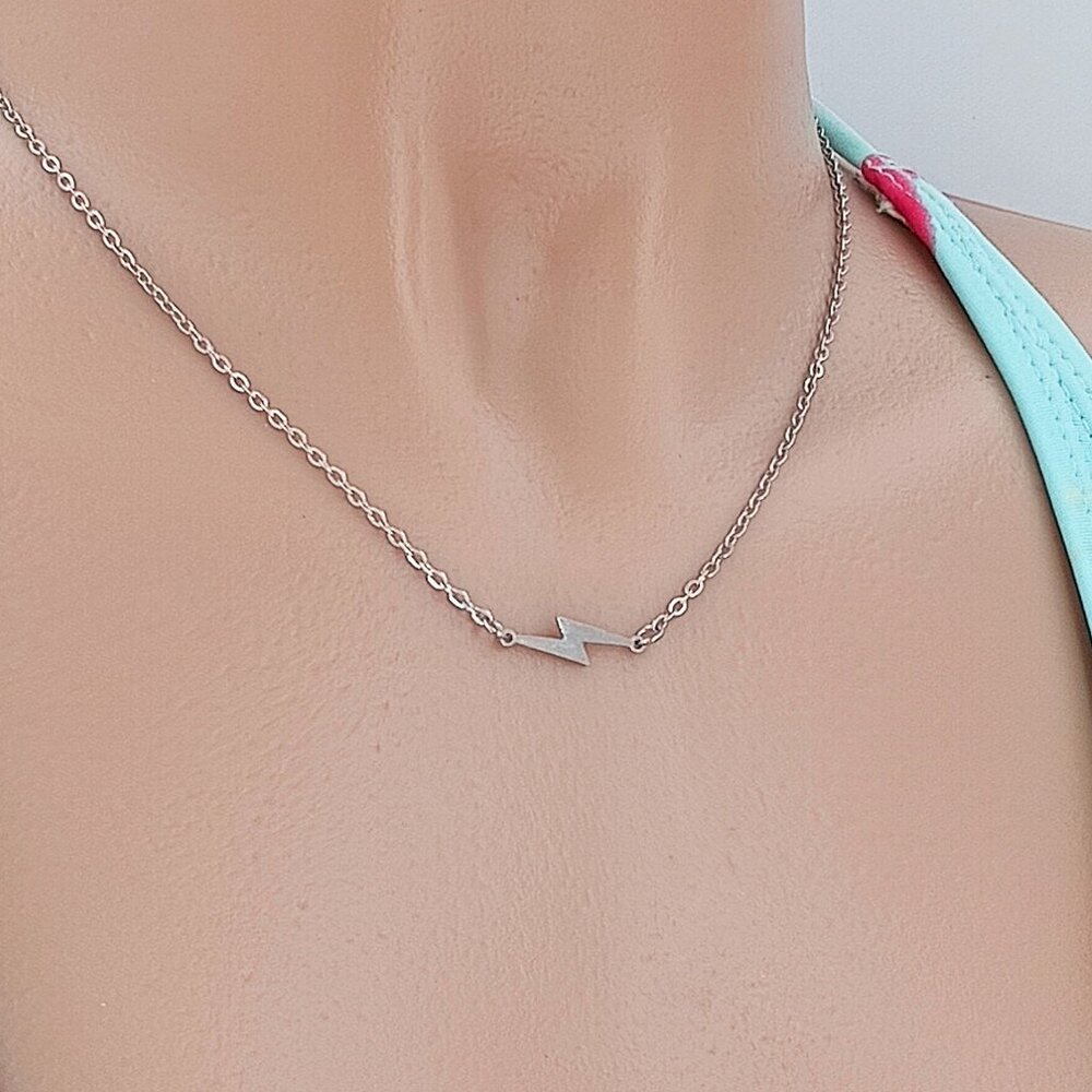 Lightning Bolt Charm Necklace Adj Cable Chain 18.5"-20.5" Silver 903-334